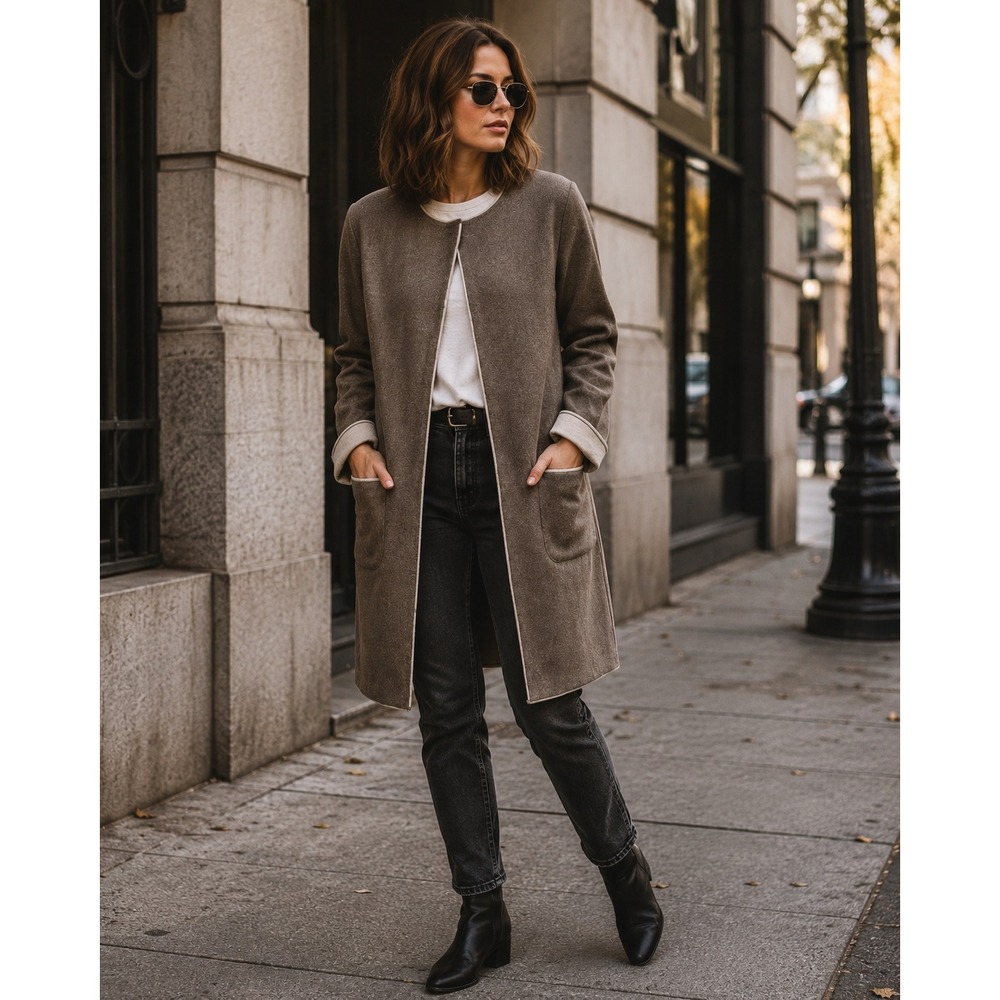 Benedetta B Italy Mushroom Brown Longline Knit Cardigan Sweater Small Piping